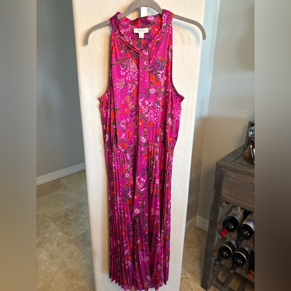 🌺 ON 34th Floral Maxi Dress | Size M | Pink Pleated Tie Neck | Boho Romantic - Picture 4 of 9